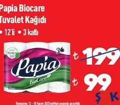 PAPİA BİOCARE TUVALET KAĞIDI 12'Lİ 3 KATLI fiyat ve kampanya bilgisi